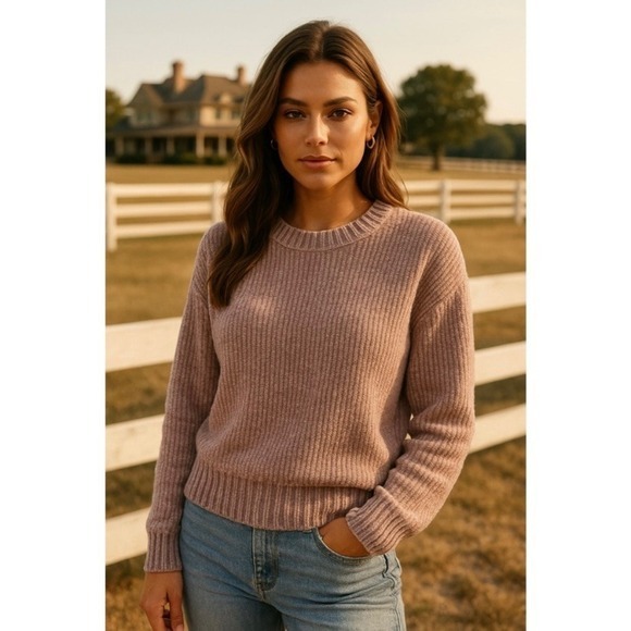 Cynthia Rowley Blush Pink Chenille Rolled Hem Boxy Crew Neck Pullover Sweater  L - Picture 1 of 15